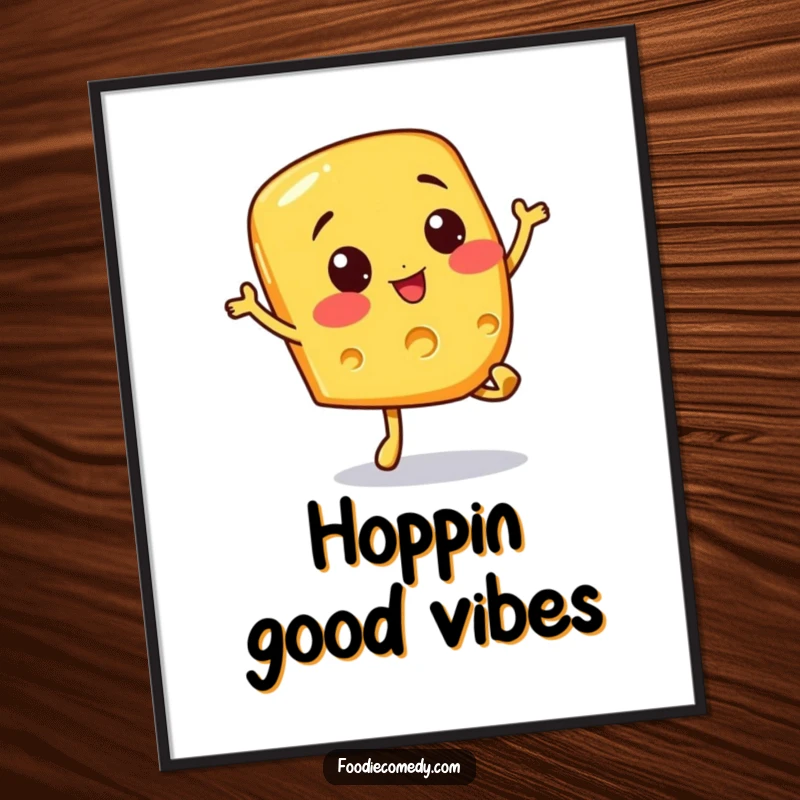 Funny digital art print of a happy cheese slice character in a playful bouncy hop. High-resolution and full of cheer.