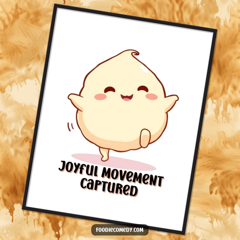 Funny dumpling digital art print, a cute cartoon dumpling with legs doing a happy kick, perfect for instant decor.