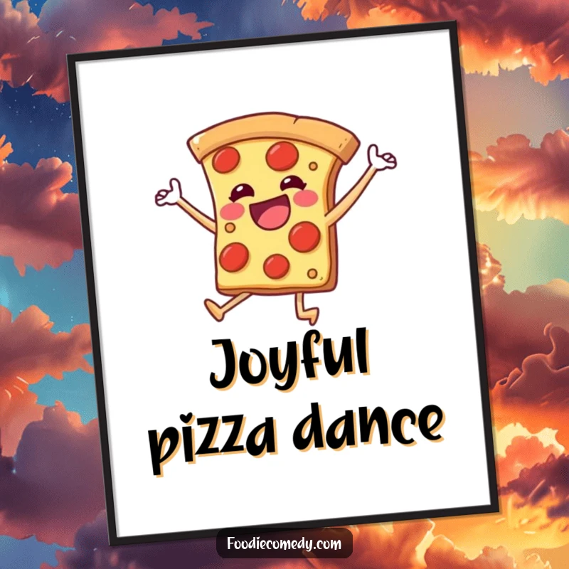Funny digital art print of a pizza slice with legs kicking joyfully, offering instant energetic humor for decor.