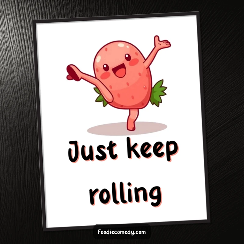 Funny digital art print of a strawberry character mid-cartwheel, offering a high-resolution, downloadable image full of playful energy. A perfect funny gift for art lovers.