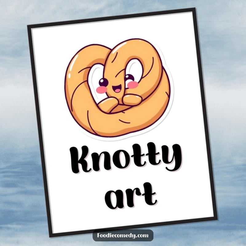 Funny digital art print of a happy pretzel twisting its body into a fun shape, ready for instant download.