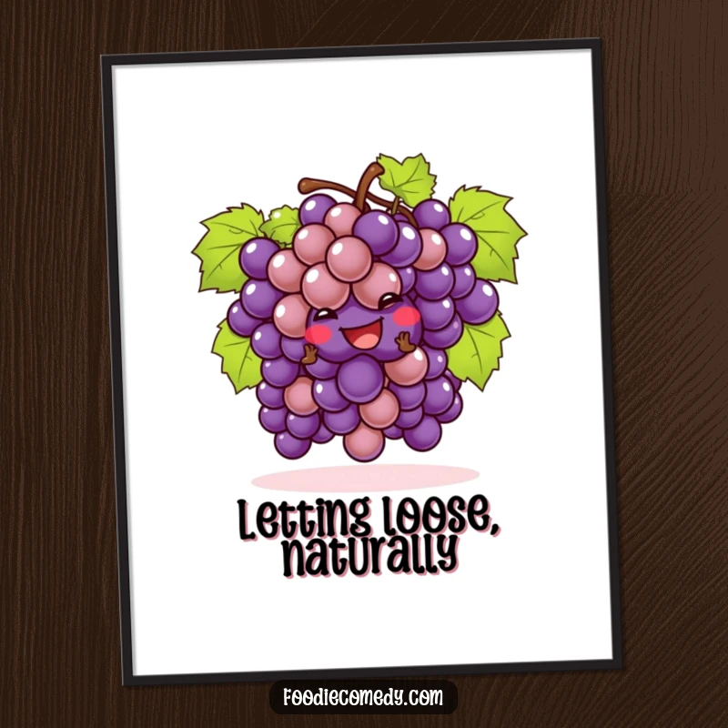 Funny digital art print, a bunch of grapes doing a playful cha-cha, vibrant and humorous wall decor.