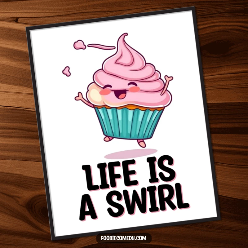 Funny digital art print of a cupcake character twirling with frosting flying, offering a high-resolution, downloadable image full of sweet, playful energy. A perfect funny gift for art lovers.