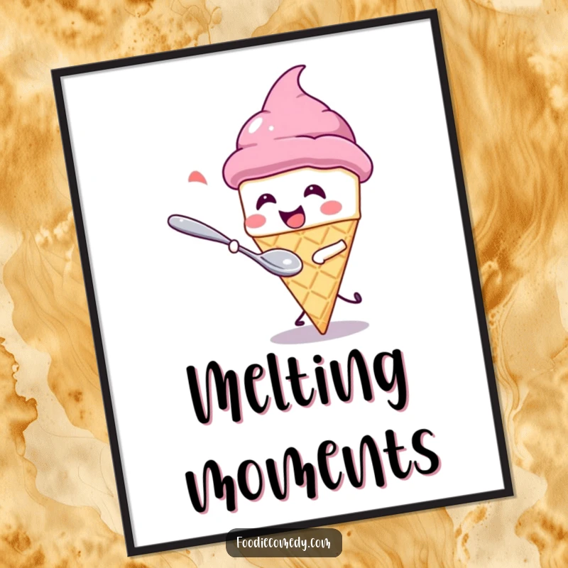 Funny Digital Art: A kawaii ice cream cone giggles while being playfully chased by a spoon. A humorous and sweet illustration.