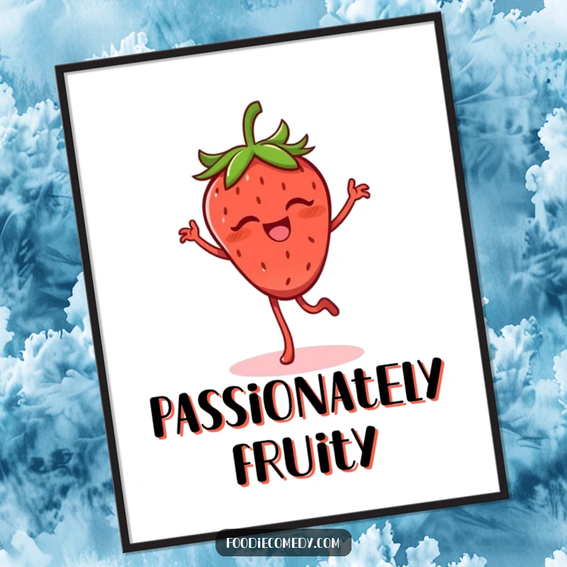 Funny strawberry digital art print of a giggling strawberry with legs doing a lively flamenco step, for instant fun.