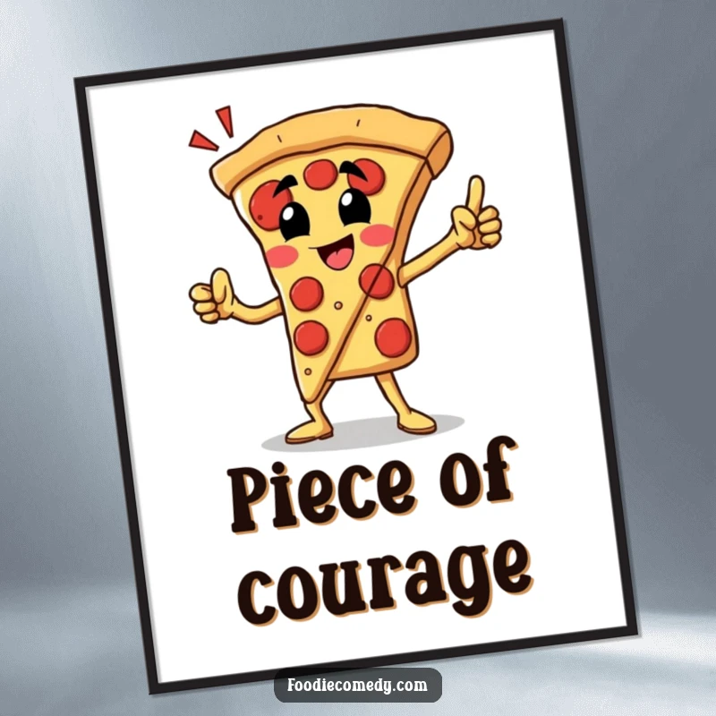Funny pizza slice digital art print of a proud character in a heroic pose, perfect for epic food decor.