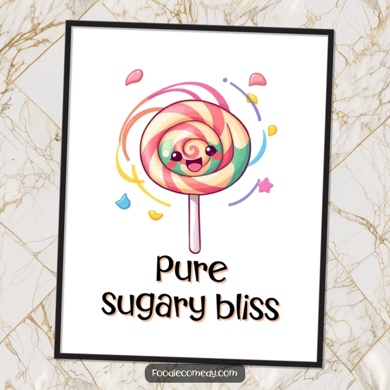 Funny kawaii lollipop joyfully spinning with colorful swirls, a downloadable digital art print for cheerful decor.