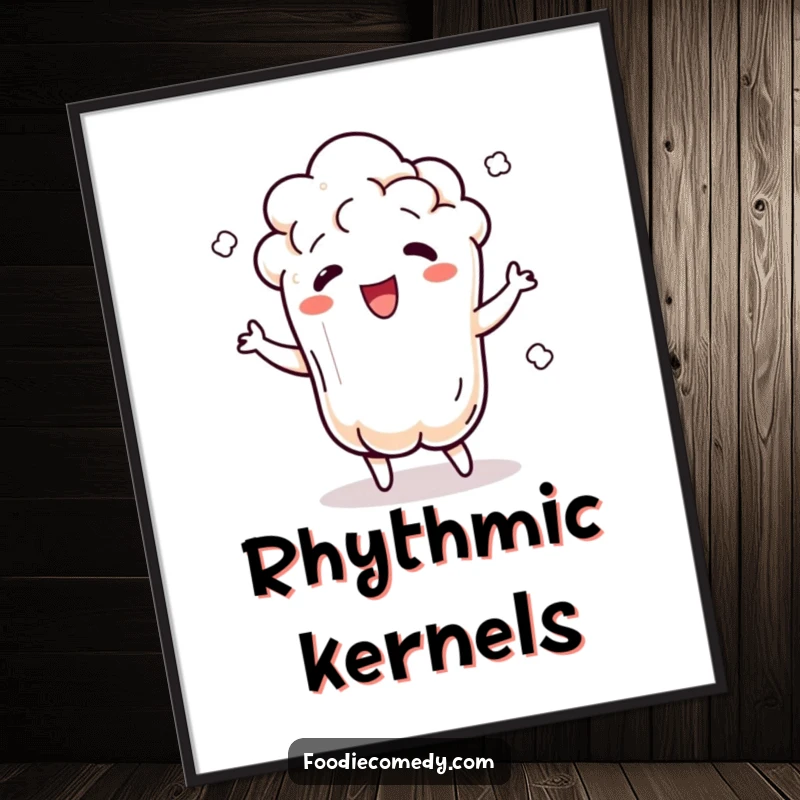 Funny popcorn digital art print of a dancing popcorn kernel popping and jiggling with rhythm, for instant energy.