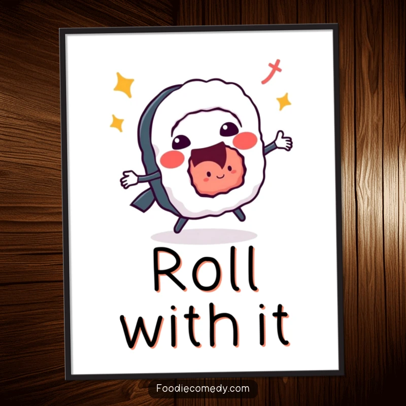 Funny digital art print, a sushi roll doing a vibrant jitterbug, energetic and humorous wall decor.