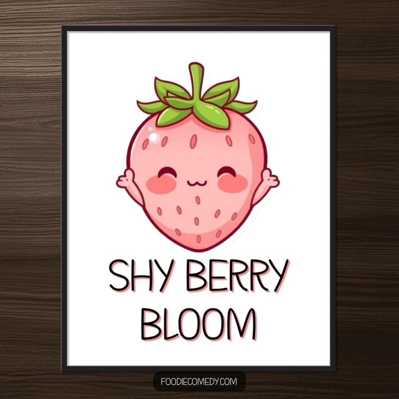 Funny digital art print of a blushing strawberry character waving shyly, offering a charming and humorous visual for screen display.
