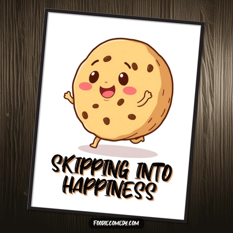Funny digital art print of a smiling cookie doing a happy little skip, perfect for adding instant joy and sweetness digitally.
