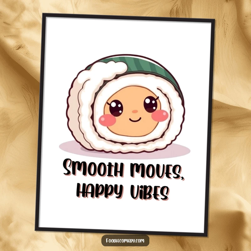 Funny sushi roll digital art print of a happy sushi character with eyes sliding enthusiastically across a smooth, clean floor.
