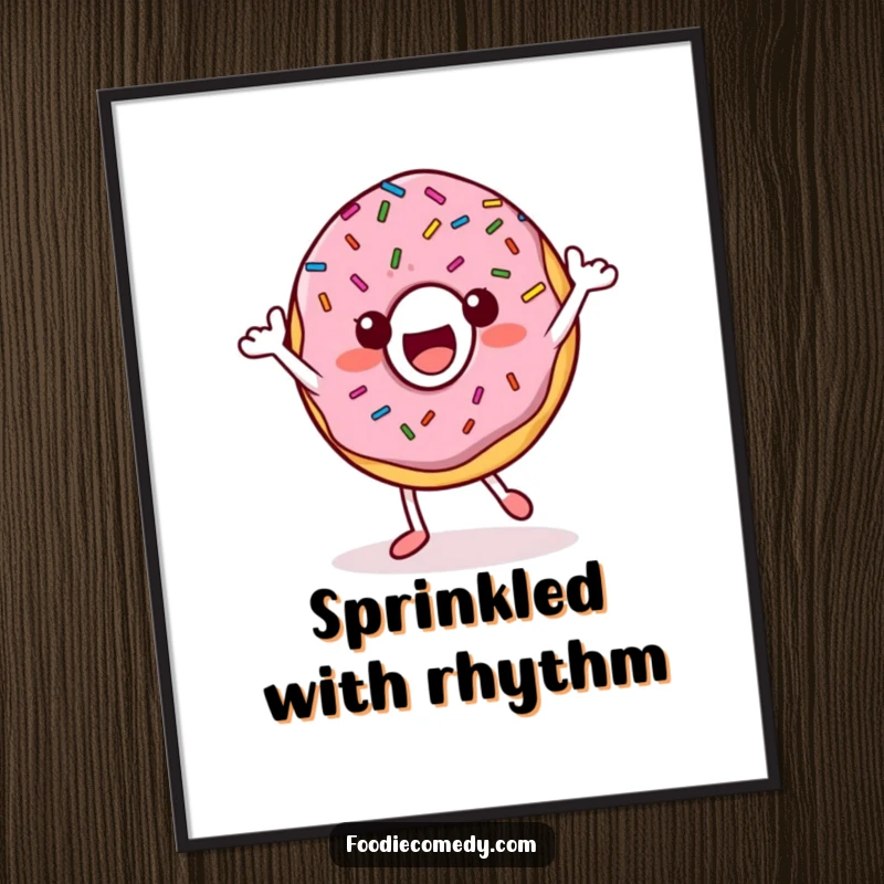 Funny Donut Digital Art Print: A happy donut character with sprinkles dances energetically, perfect for instant decor.