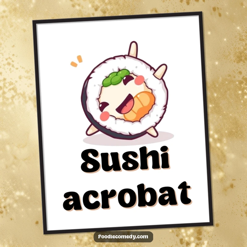 Funny Sushi Somersault Digital Art Print of a roll doing a playful somersault, ready for instant download and display.