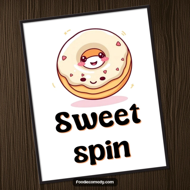 Funny donut digital art print of a smiling donut spinning rapidly, perfect for instant whimsical decor.