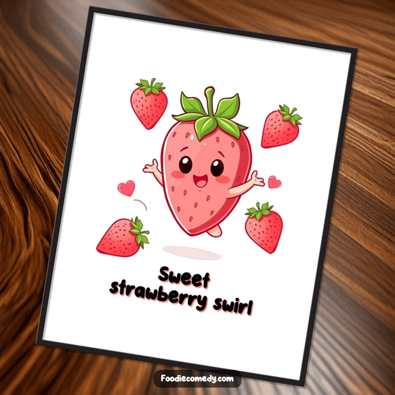 Funny Strawberry Digital Art Print: A strawberry character twirls with excitement, perfect for instant sweet decor.