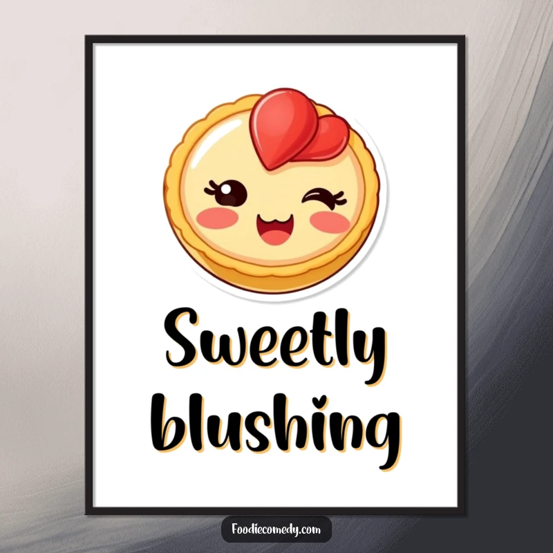 Funny blushing fruit tart digital art print, a delighted dessert character adding sweet charm.