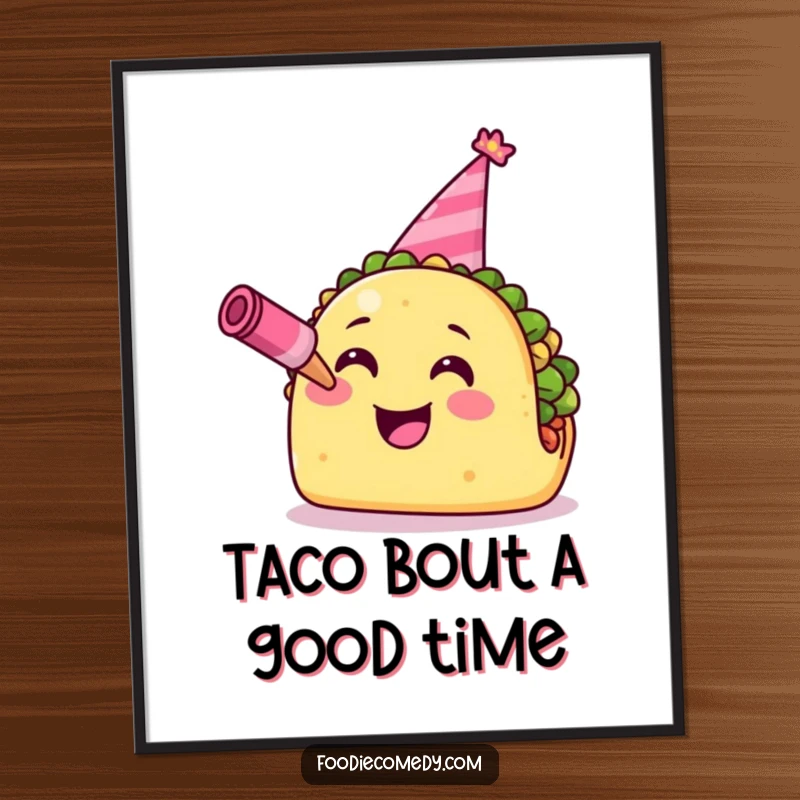 Funny Taco Digital Art: A smiling taco wearing a party hat and blowing a horn, ready to bring fiesta vibes.