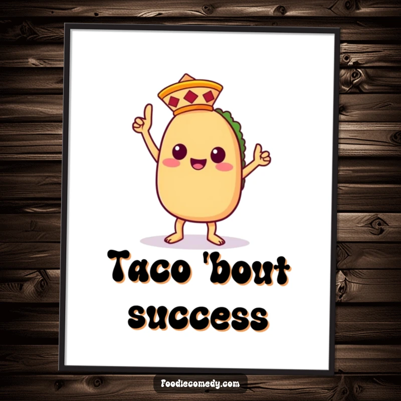 Funny digital art print of a kawaii taco character doing a dynamic victory dance, sporting a tiny sombrero, for immediate display.