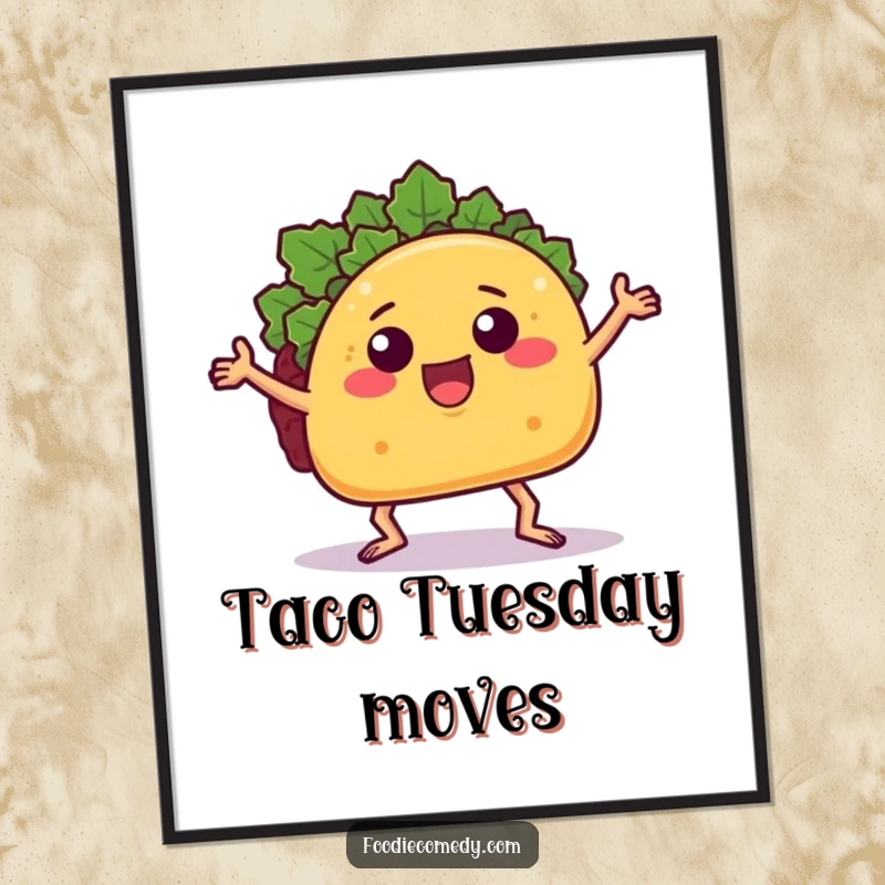 Funny dancing taco digital art print showing a taco with arms and legs, ideal for humorous food-themed wall art.