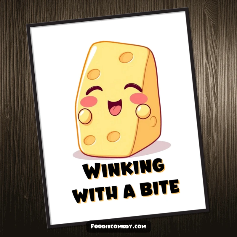 Funny digital art print of a playful piece of cheese winking with a cracker, full of charm.