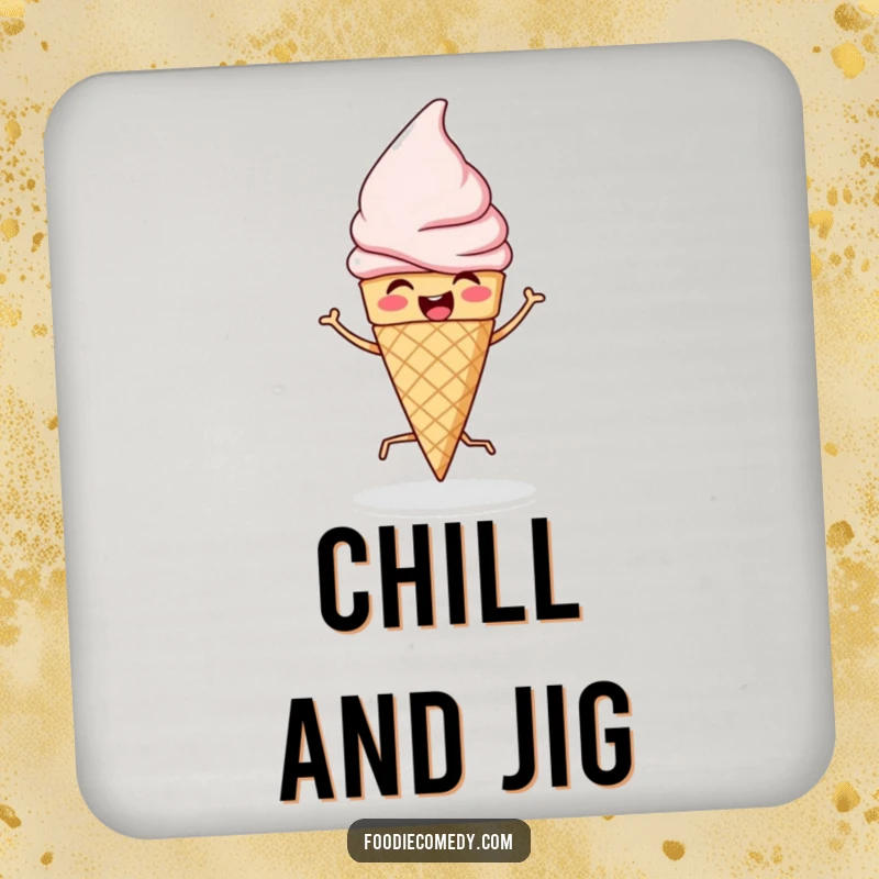 Funny coasters showcasing an ice cream cone in a lively jigging pose, adding a humorous and protective element to tables.