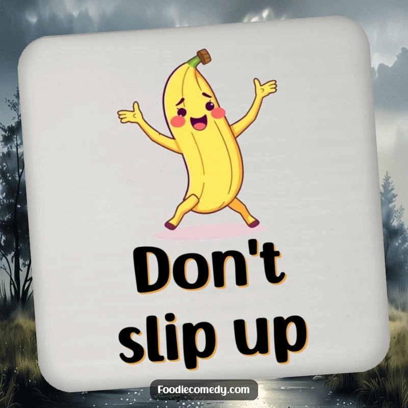 Funny banana peel coaster set featuring a peel doing a clumsy breakdance move, adding humor to beverage service.