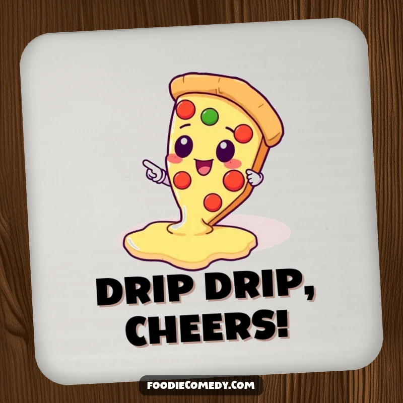 Funny drink coaster featuring a kawaii pizza slice character pointing at a dripping cheese pool, for surface protection.