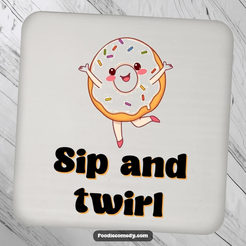 Funny ballet donut coaster featuring a cheerful, sprinkled donut performing a pirouette, protecting surfaces with sweet humor.