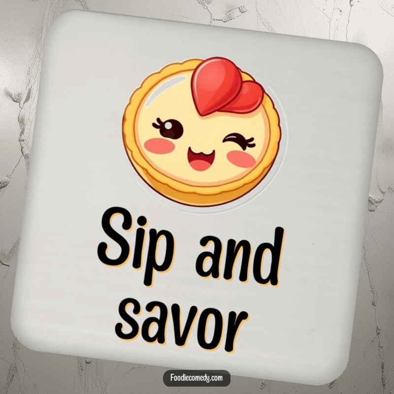 Funny blushing fruit tart drink coasters, protecting surfaces with a delighted dessert design.