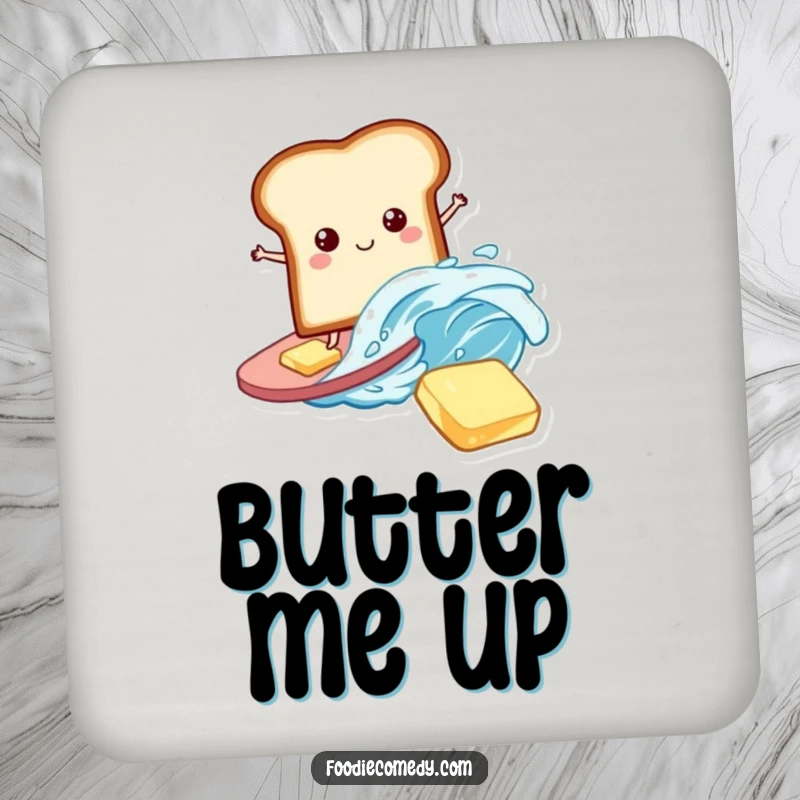 Funny Bread Drink Coaster: A playful bread slice surfing on a butter wave, adding humorous breakfast protection.