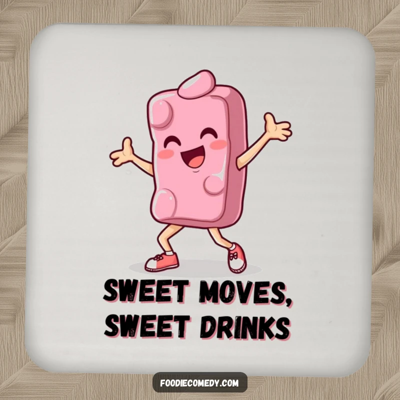 Funny drink coaster illustrating a piece of candy performing a breakdance move, adding a playful and sweet touch to any table.