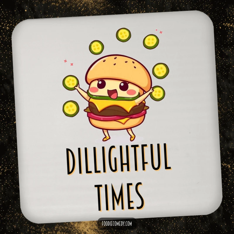 Funny Burger Juggling Coaster: A cute kawaii burger character gleefully juggling pickle slices, adding humor to drink protection.