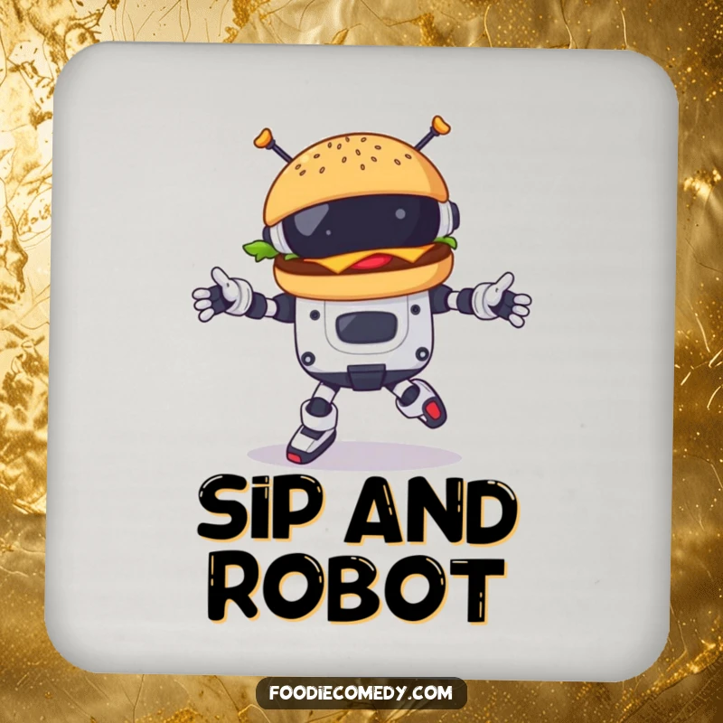 Funny burger character doing a robotic dance on a drink coaster, adding futuristic humor to surface protection.
