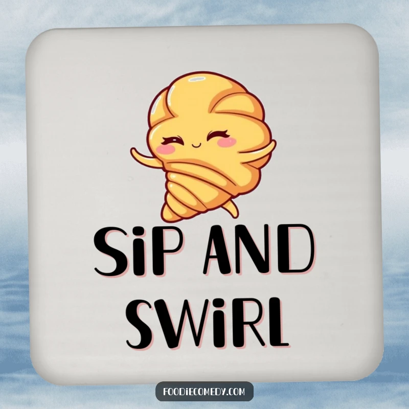 Funny drink coaster, a winking croissant performing a lively flamenco swirl, protecting surfaces with comedic elegance.