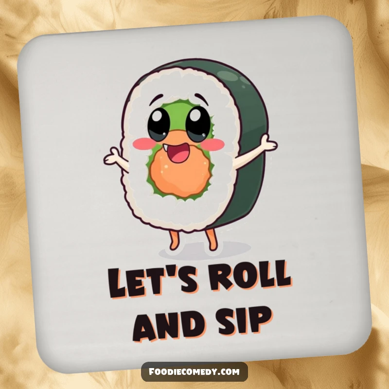 Funny sushi roll coaster featuring exaggerated happy eyes, designed to protect surfaces with joyful flair.