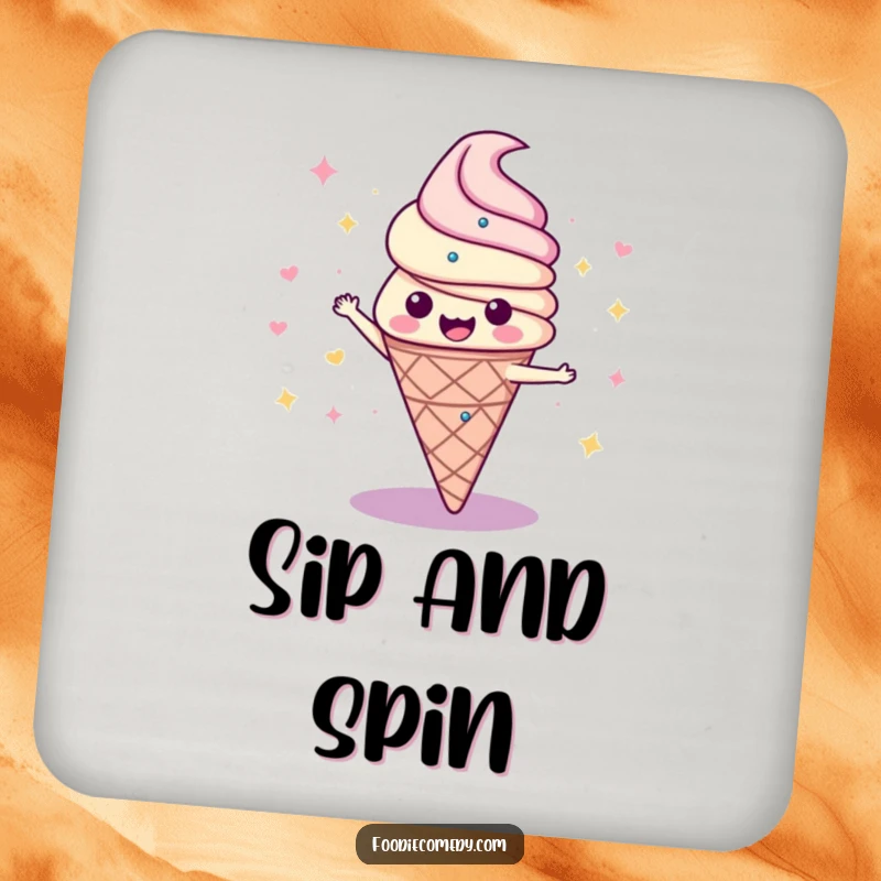 Funny drink coaster featuring a playful ice cream cone in a disco spin, adding a splash of retro fun to any table setting.