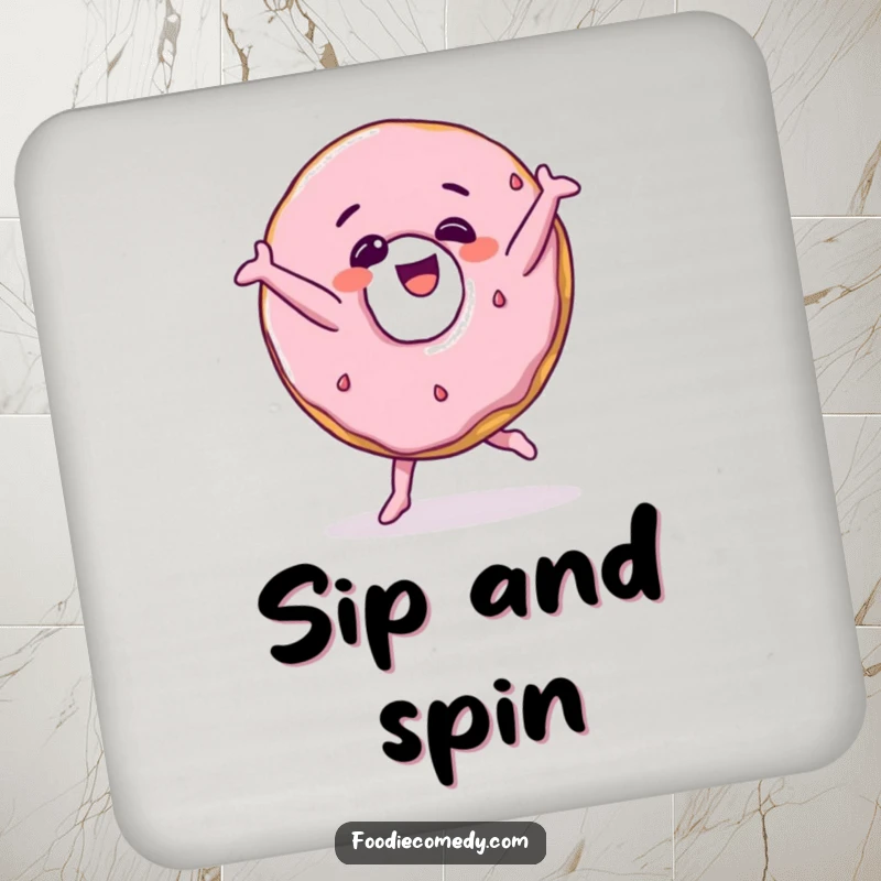 Funny donut giggling and breakdancing on a drink coaster, protecting tables with humor.