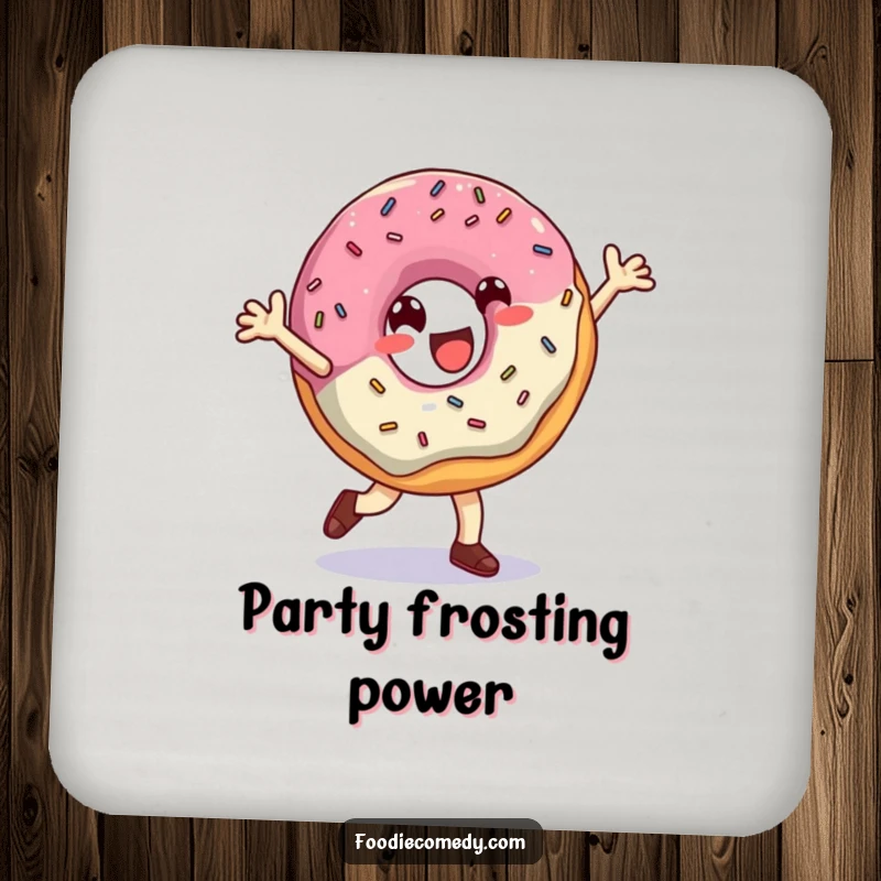 Funny Donut Coasters: A set of coasters showcasing a happy donut breakdancing with sprinkles, adding a fun element to drink service.