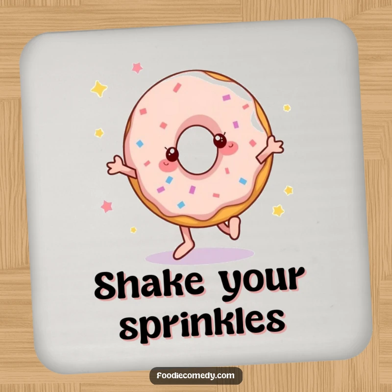 Funny coasters featuring a donut in a dynamic disco dancing pose, protecting furniture with a whimsical and humorous flair.