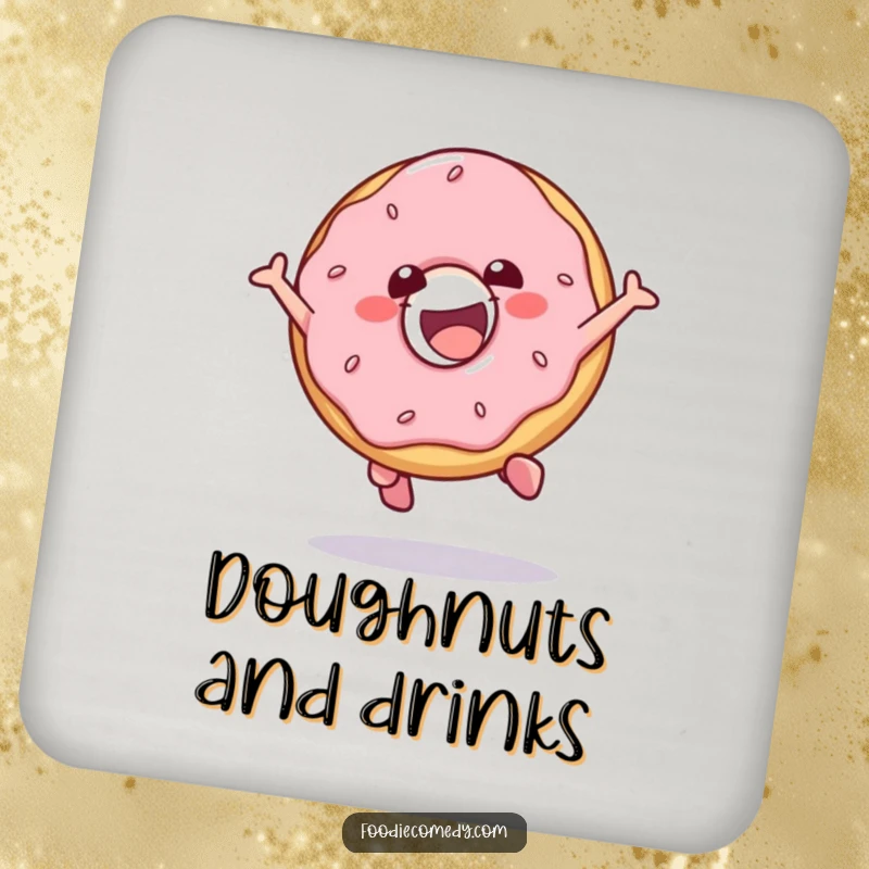 Funny drink coasters showcasing a gleeful donut character in a fun jump, protecting surfaces with playful charm.