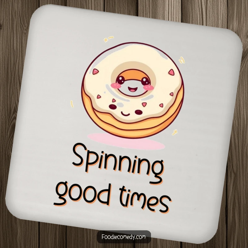 Funny donut coaster set featuring a smiling donut spinning rapidly, adding sweetness to beverage service.