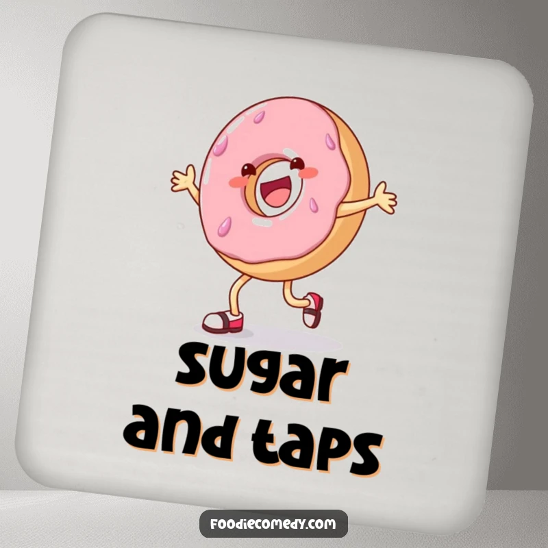 Funny donut tap dance coasters, cheerful donut dancing, protecting tables, set of four.