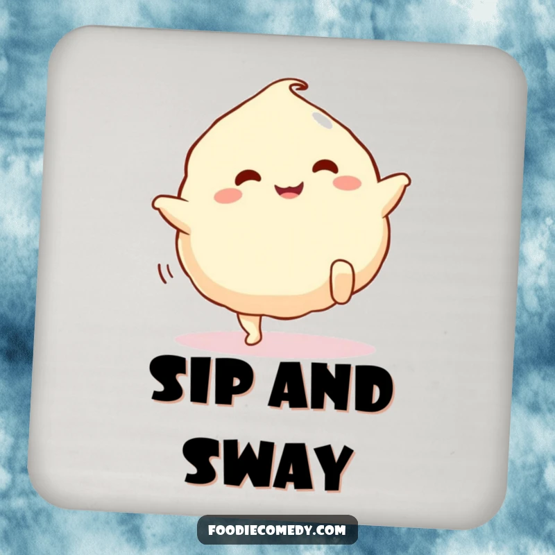 Funny dumpling coasters, set of coasters with a cute cartoon dumpling with legs doing a happy kick.