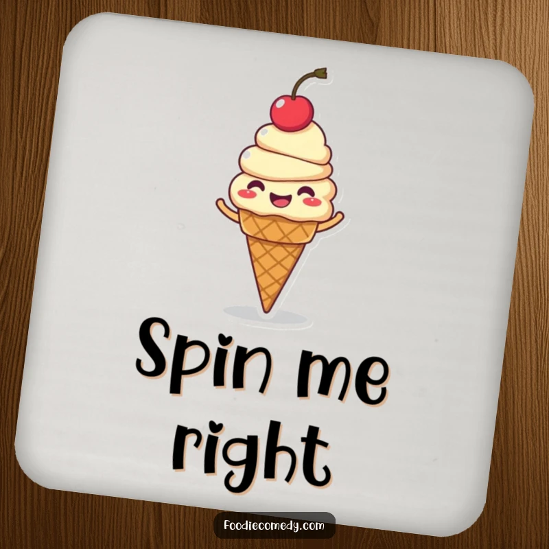 Funny ice cream cone coasters, giggling character with cherry on top, mid-spin, protecting surfaces with humor.