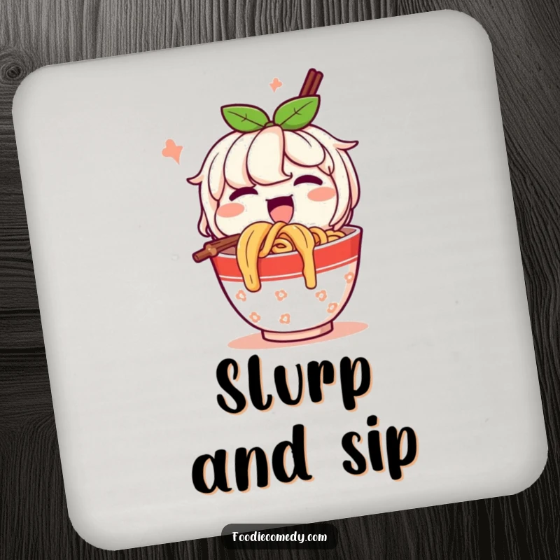 Funny Coaster: A happy cup of noodles character slurps noodles, protecting surfaces with a delightful and amusing food-themed design.