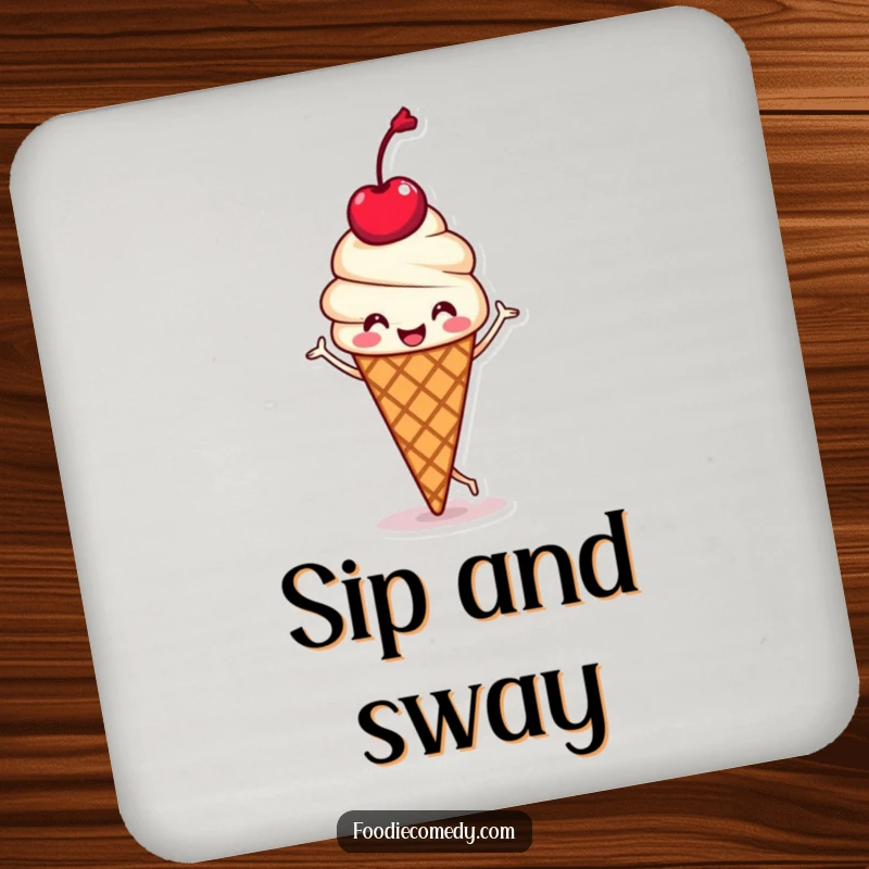 Funny drink coasters featuring a kawaii ice cream cone with a cherry head doing a happy jig, protecting surfaces with sweet humor.
