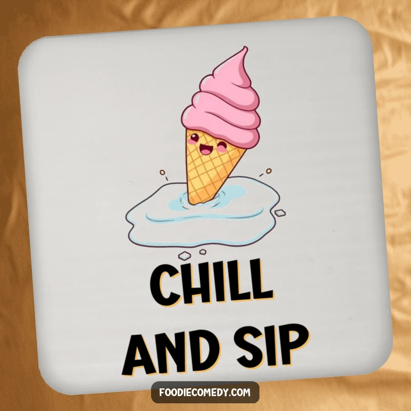 Funny gleeful ice cream cone sliding across a frozen surface, on drink coasters, a humorous and protective dessert accessory.