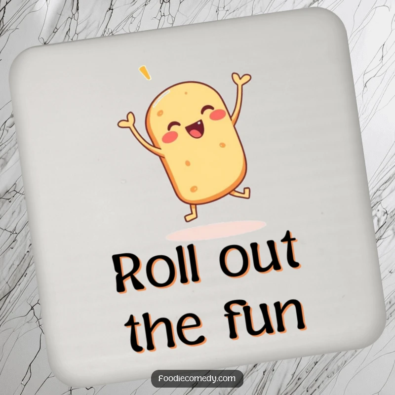 Funny coasters featuring a happy bread roll doing a jig, perfect for protecting surfaces with a touch of bakery humor.