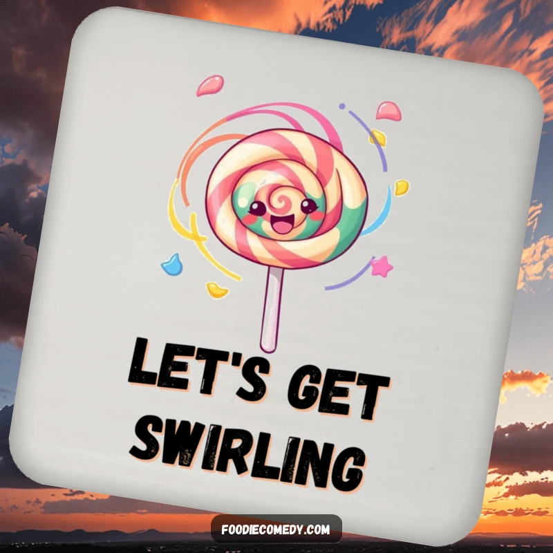 Funny kawaii lollipop spinning with colorful swirls on these drink coasters, a set of sweet and humorous tableware.